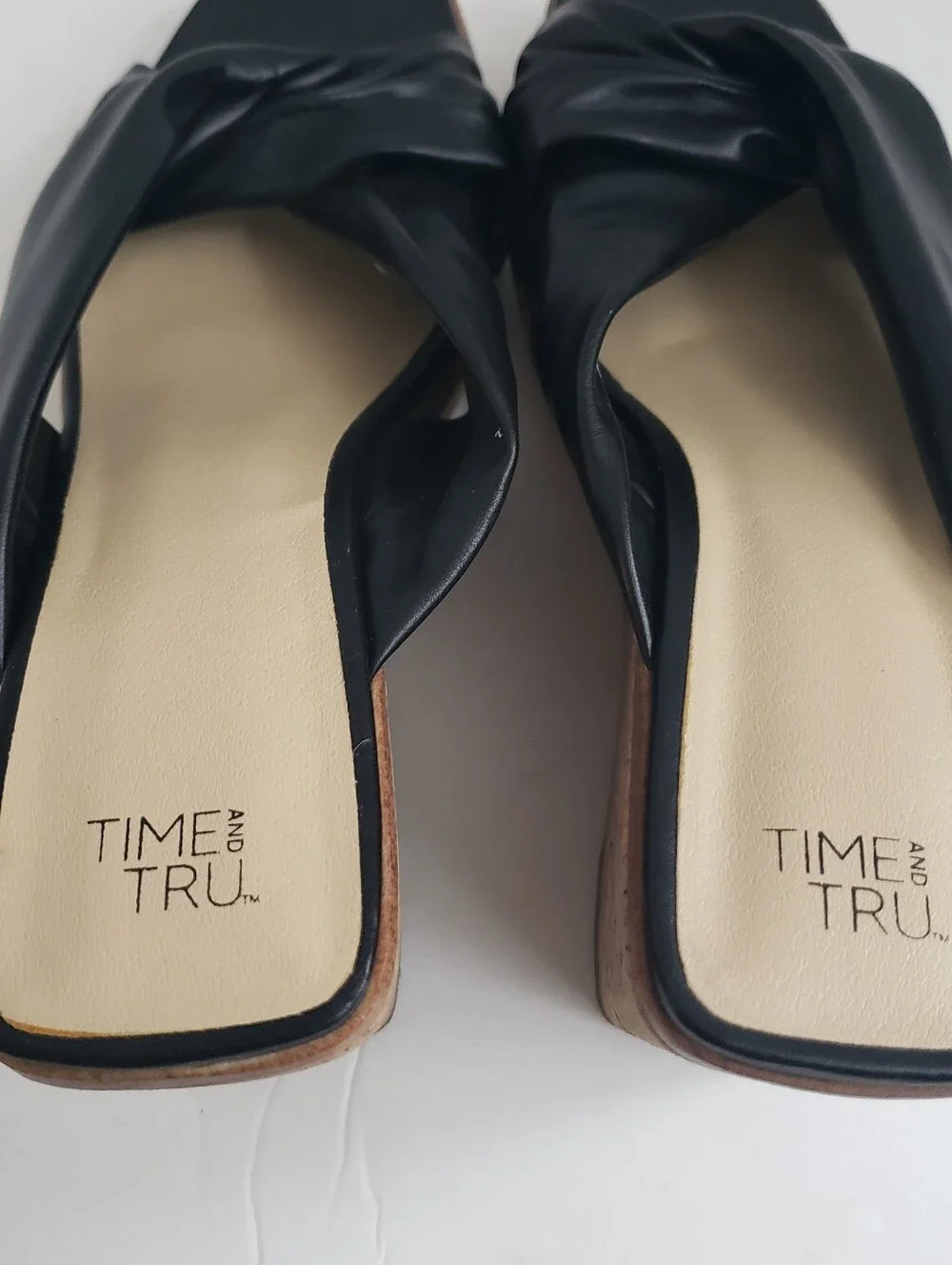 Sz 6 Time And Tru Black Faux Leather Slip On Cork Wedge Heels